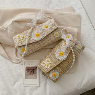 Flower Applique Woven Shoulder Bag