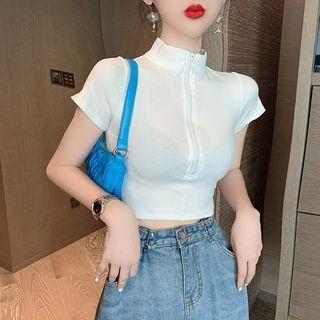 Short-sleeve Half-zip Ribbed Knit Top