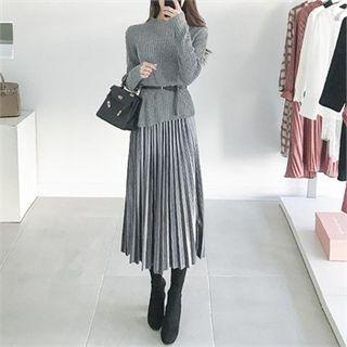 Set: Sweater With Belt + Accordion-pleat Long Velvet Skirt