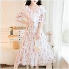Elbow-sleeve Floral Print Lace Trim A-line Midi Dress