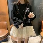 Mock-two Piece Crewneck Mesh Loose-fit Long-sleeve Panel Dress Black - One Size