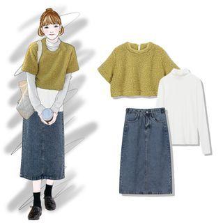 Long-sleeve Mock-neck Top / Elbow-sleeve Fleece Top / Denim Midi A-line Skirt