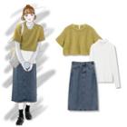 Long-sleeve Mock-neck Top / Elbow-sleeve Fleece Top / Denim Midi A-line Skirt
