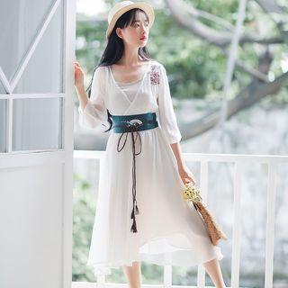 Hanfu Set: Long-sleeve Embroidered Midi Dress + Spaghetti Strap Dress + Belt