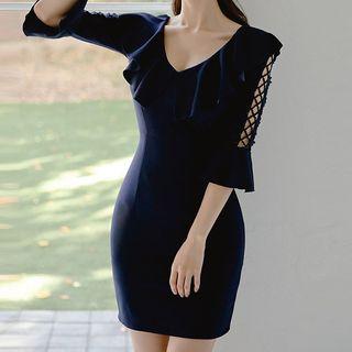 Ruffle Flared-sleeve Mini Sheath Dress