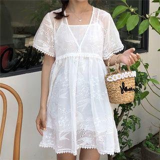 Set: Embroidered Short-sleeve A-line Dress + Plain Slipdress
