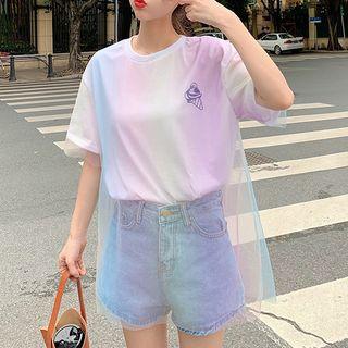 Short-sleeve Mesh Overlay T-shirt As Shown In Figure - One Size