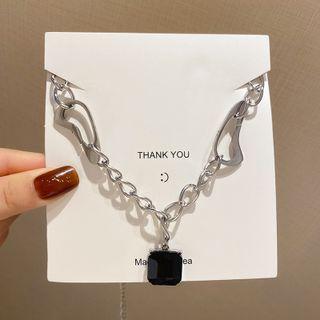 Square Rhinestone Pendant Stainless Steel Necklace X786 - 1 Pc - Silver & Black - One Size