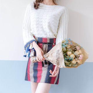 Tasseled Cuff Round Neck Sweater
