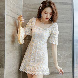 Short-sleeve Floral Embroidered A-line Mini Dress