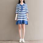 Elbow-sleeve Striped Knit Dress Blue - One Size