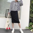 Set: Long Sleeve Striped Hooded Top + Pencil Skirt