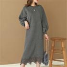 Lace-hem Long Sweatshirt Dress Black - One Size