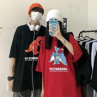 Elbow-sleeve Dinosaur Cartoon Print T-shirt