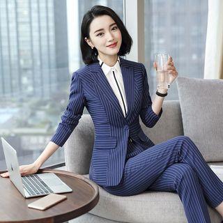 Set: Striped Blazer + Dress Pants + Contrast Trim Shirt
