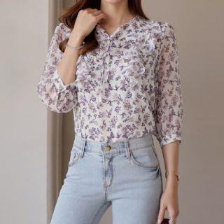 Beribboned Ruffle-trim Floral Chiffon Top Ivory - One Size