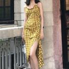 Asymmetric-hem Check Sleeveless Dress Yellow - One Size