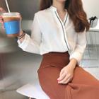 Long-sleeve V-neck Contrast-trim Blouse