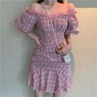 Elbow-sleeve Cold Shoulder Lace Trim Plaid A-line Mini Dress
