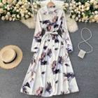 Long-sleeve Floral Midi A-line Shirtdress White - One Size
