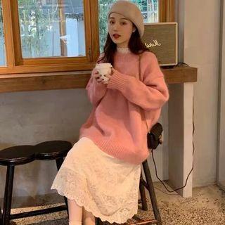 Plain Sweater / Lace Midi A-line Dress / Set