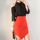 Set: 3/4-sleeve Shoulder Cut Out Top + Fitted Skirt