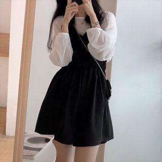 Set: Long-sleeve Chiffon Top / Spaghetti Strap Romper