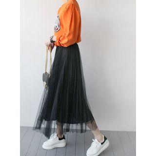 Band-waist Tulle-overlaid Pleated Skirt