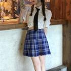 Short-sleeve Tie-neck Crop Shirt / Plaid Mini Skirt