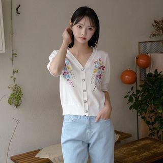 V-neck Flower-embroidered Cardigan Ivory - One Size