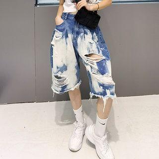 Distressed Splatter Print Denim Shorts