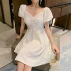 Puff-sleeve Shirred Front A-line Dress