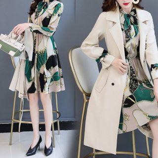 Set: Print Midi A-line Dress + Plain Coat