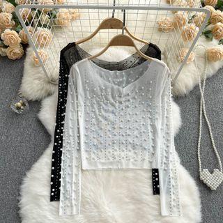 Long-sleeve Scoop Neck Rhinestone & Peal Sheer Top