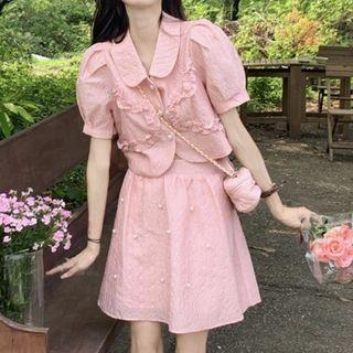 Short-sleeve Ruffle Trim Shirt / A-line Skirt