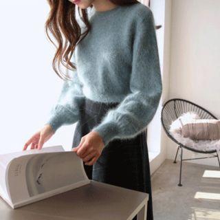 Balloon-sleeve Wool Blend Furry-knit Sweater