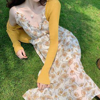 Spaghetti Strap Midi Floral Chiffon Dress / Cardigan
