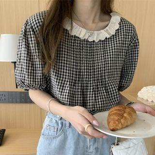 Puff-sleeve Wood Ear Trim Plaid Shirt Black & White - One Size