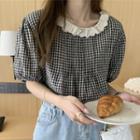 Puff-sleeve Wood Ear Trim Plaid Shirt Black & White - One Size