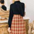 Set: Plain Lantern-sleeve Sweater + Plaid Midi Straight-fit Skirt