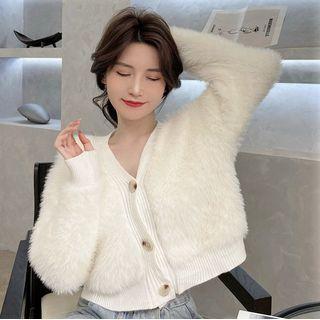 Chenille V-neck Long-sleeve Knit Top White - One Size