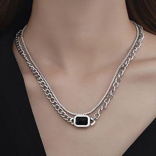 Rectangle Pendant Stainless Steel Layered Choker Black Pendant - Silver - One Size