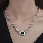 Rectangle Pendant Stainless Steel Layered Choker Black Pendant - Silver - One Size