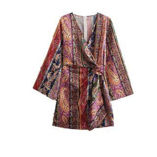 Long-sleeve Paisley Print Wrap Mini Dress