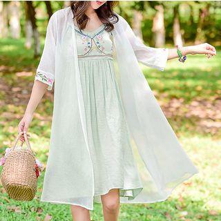 Embroidered Elbow-sleeve Open-front Jacket