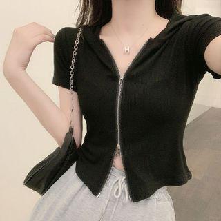 Short-sleeve Hooded Zip-up T-shirt