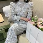 Long-sleeve Fray Hem Tweed Maxi Sheath Dress
