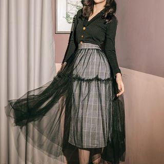 Set: V-neck Knit Top + Sheer Panel Midi A-line Skirt