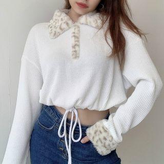 Leopard Print Faux Fur Trim Cropped Sweater