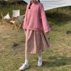 Rib Knit Sweater / Long-sleeve Floral Print Midi A-line Dress